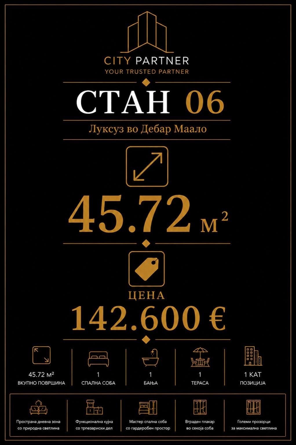 Ексклузивен стан во Дебар Маало, 2 соби, 46м², нова градба